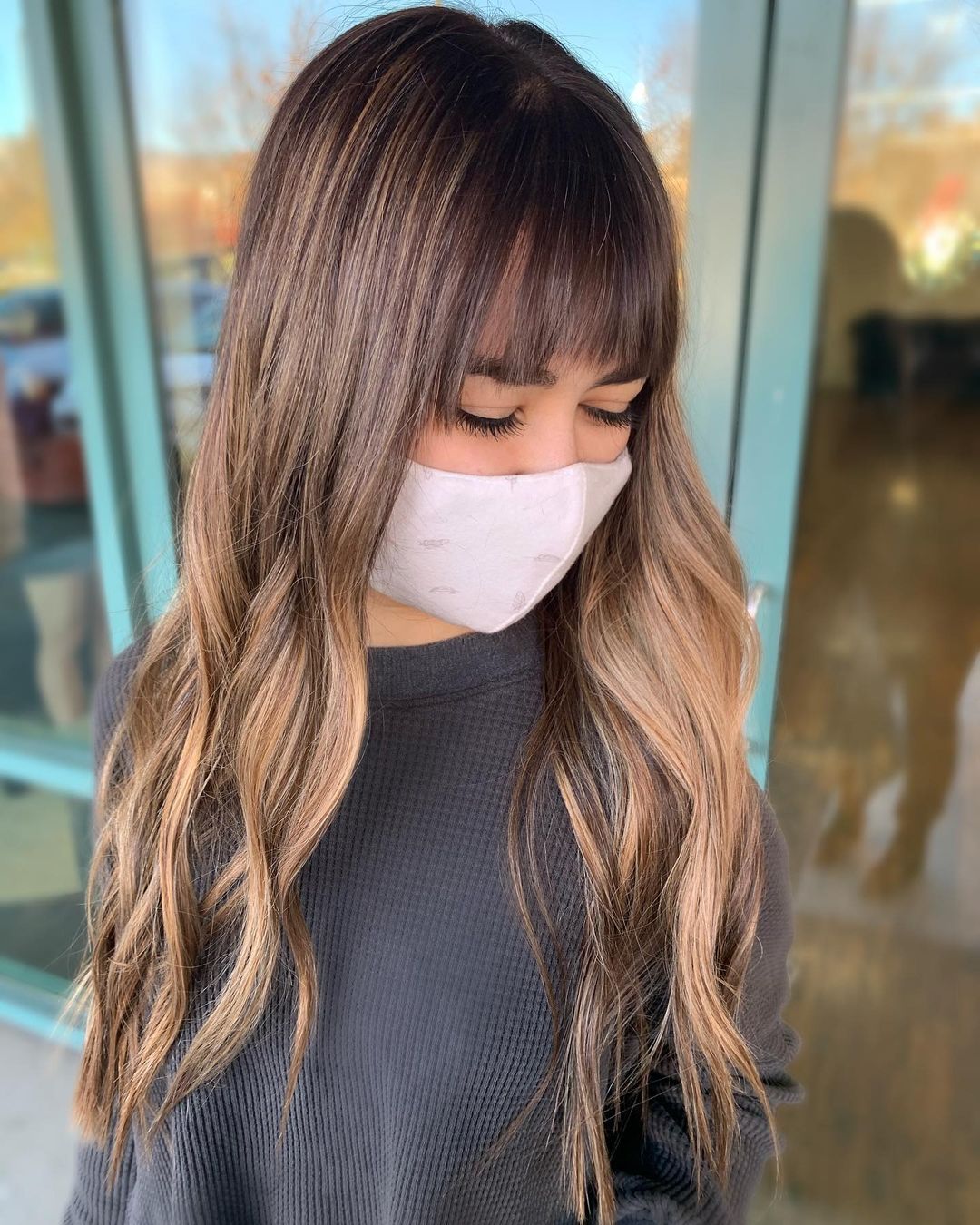 Lengthy Dip-Dyed Waves with Curtain Bangs