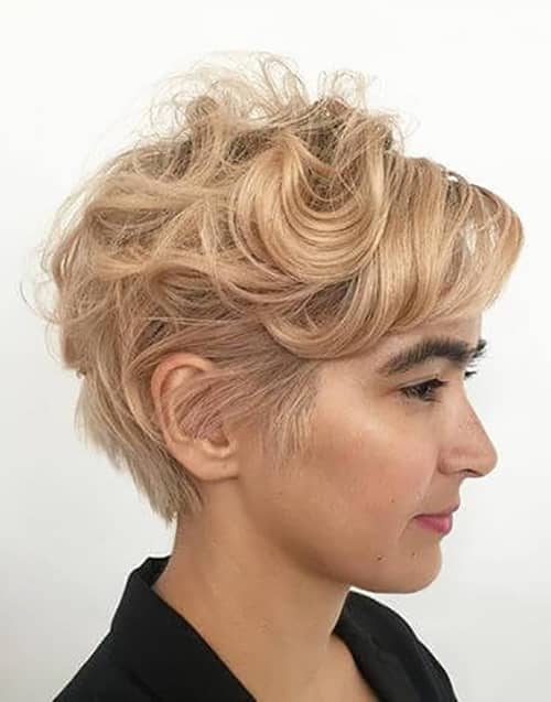 Soft Blond Pixie Cut With Bold Eyebrows Curly Pixie Cut