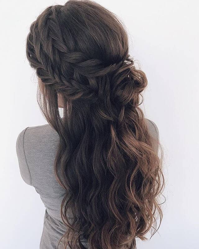 Dark Brown Double Braid Messy Half Updo