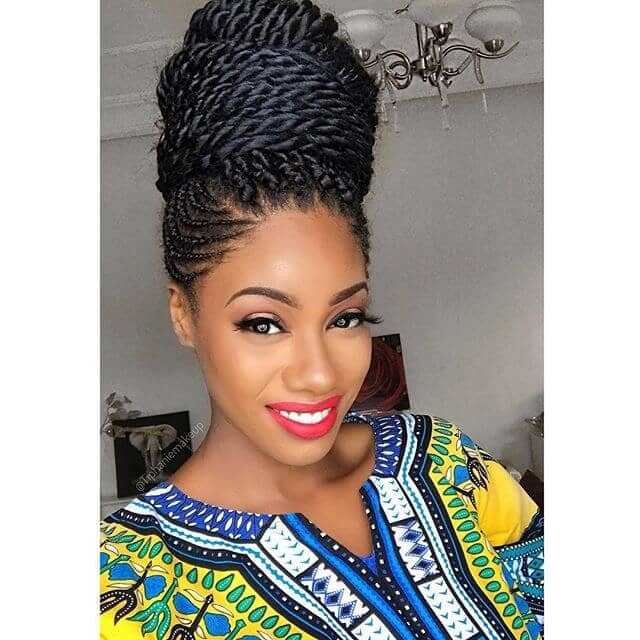 African Braids Hairstyle Wrapped in High Bun