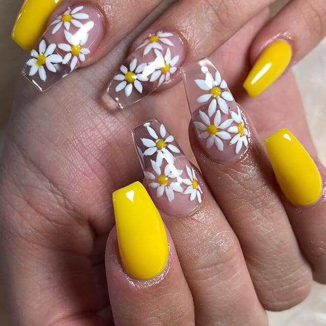  Bright Yellow Nails with Cute Daisies