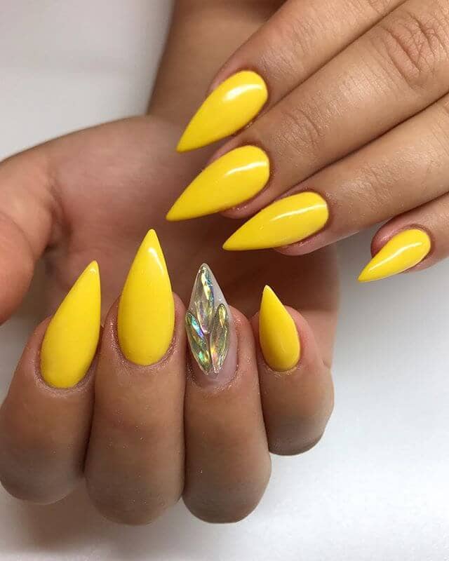 Bright Yellow Peacock Stiletto Nails