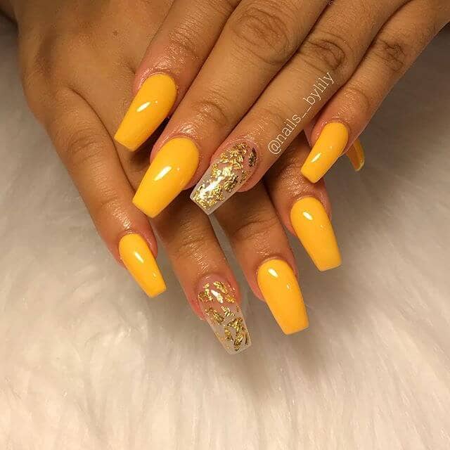 Bright Yellow Acrylic Nails with Gold Leaf