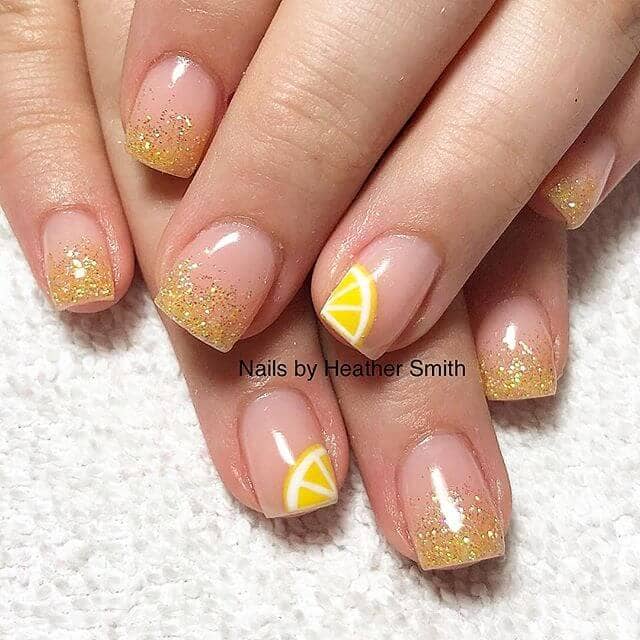 Yellow Glitter Nails with Lemon Details