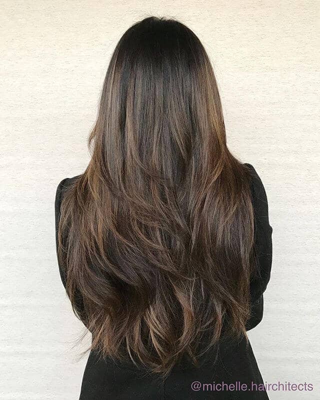 Deep Natural Brunette with Sweeping Layers for Long Hair