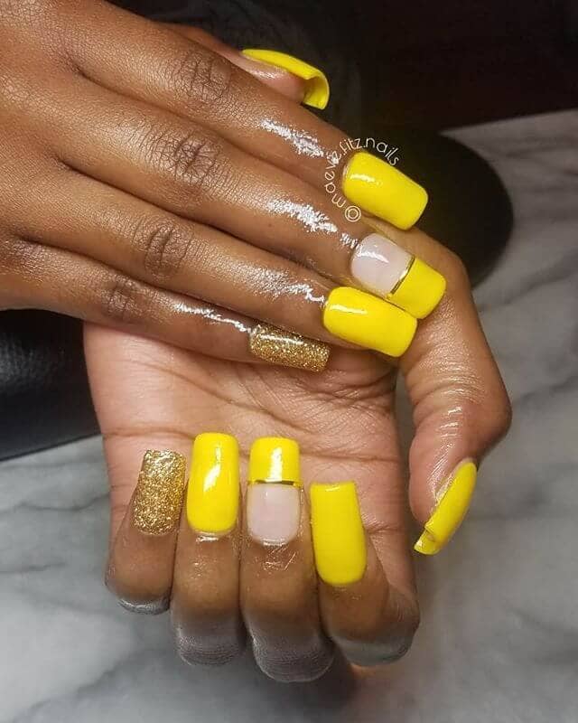 Yellow Acrylic Nails with Gold Glitter