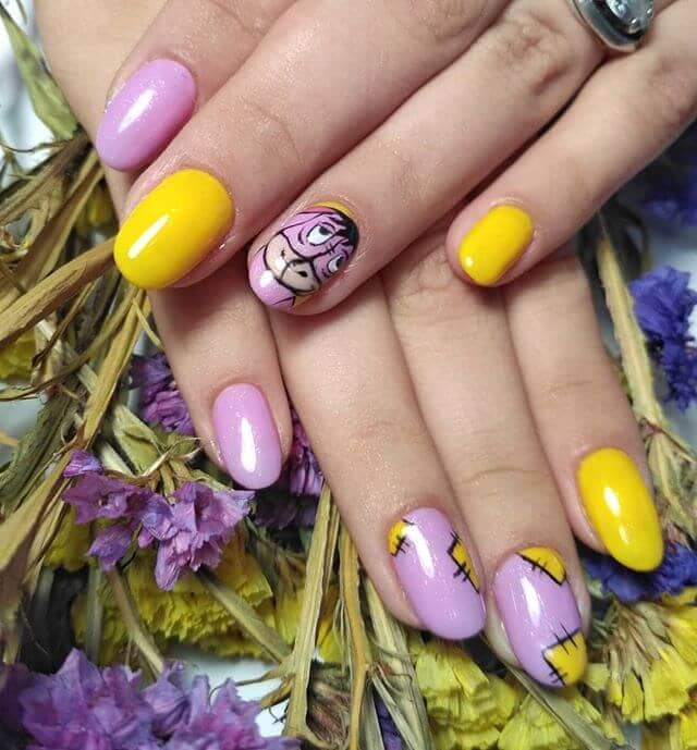 Lilac and Yellow Eeyore Nails