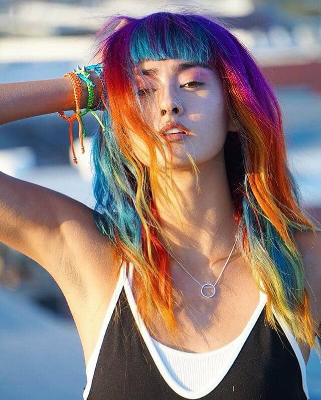  Chunky Blue Bangs with Alternating Rainbow Waves