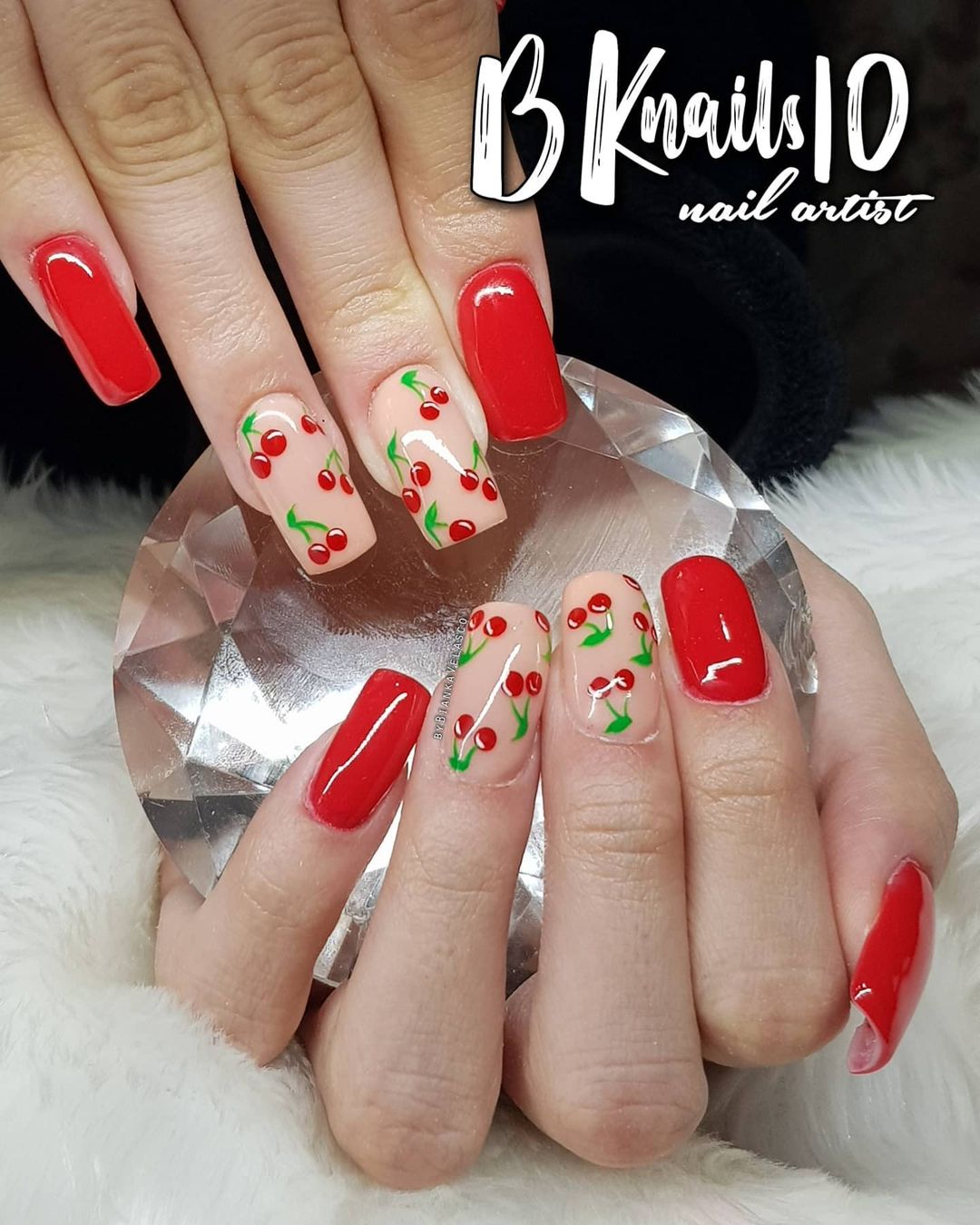 Cherry Blossom Cream Nail and Cherry Red Nail Idea