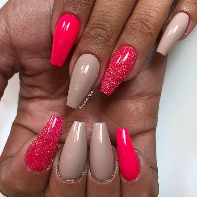 Nude Nail Idea: Bright Red and Nude Nails Combo for Dark Skin