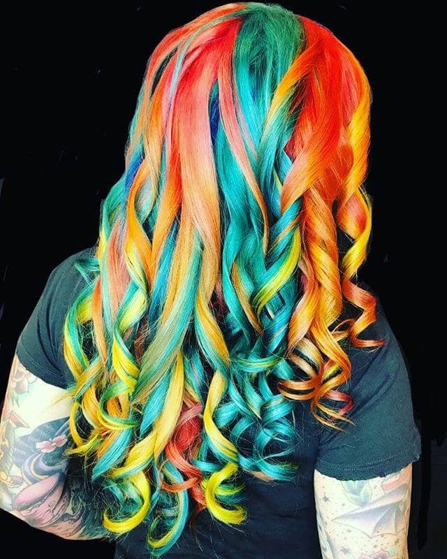 Spiral Curls in Vibrant Neon Rainbow Streaks