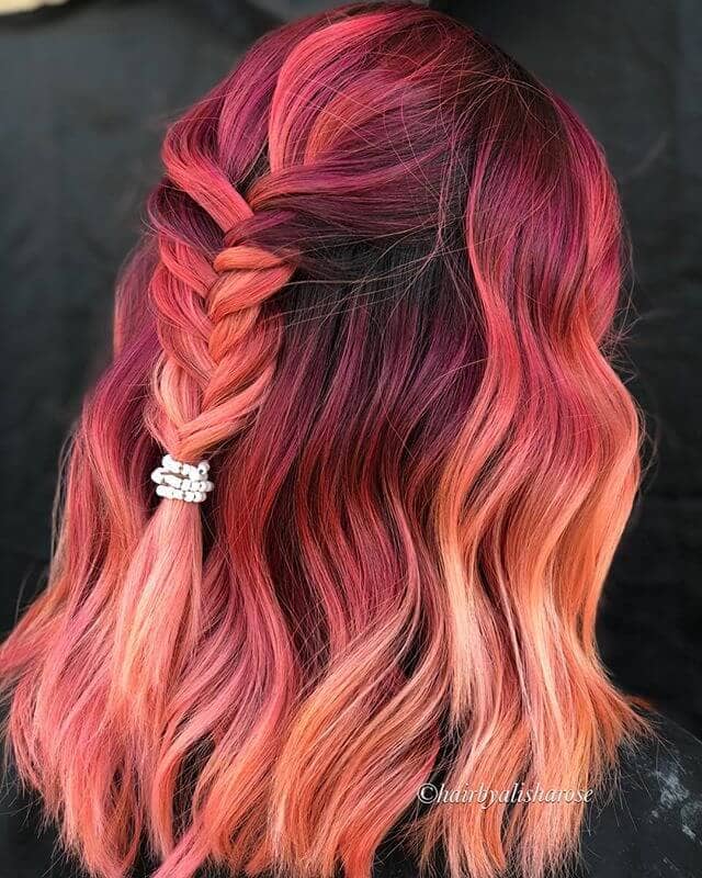 Rich Red-to-Pink Bayalage Bejeweled Braid