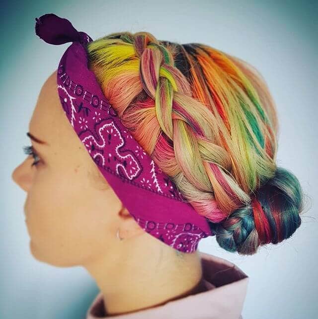 Sweetly Braided Bun with Neon Rainbow Highlights