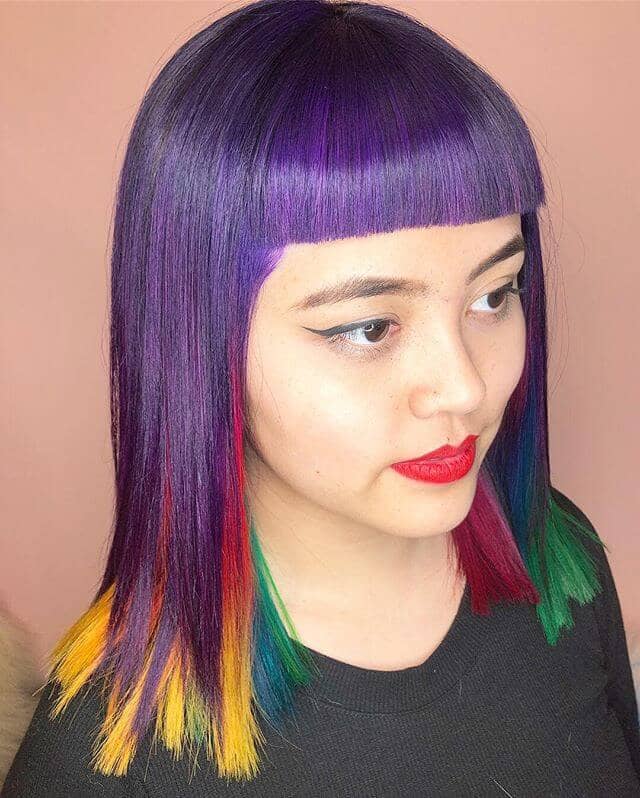  Mod Cut Purple Bangs and Chunky Rainbow Layers