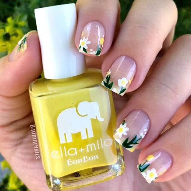 Little Daisies Nail with Green Stems French Manicure Cute Nails Nail Art with Negative Space