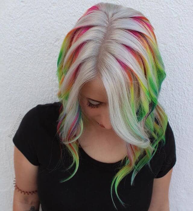 Chic Curly Rainbow Streaks with Chunky Platinum Layer