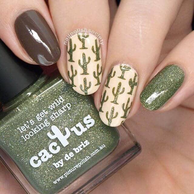 Love Your Cactus Image with Green Glitter Nail for Pretty Nails Nail Art