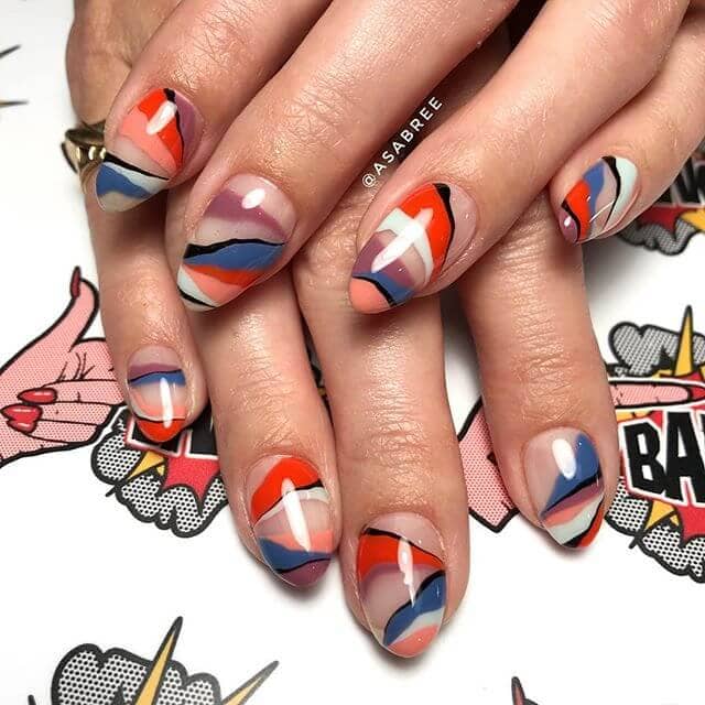Colorful Not-Crazy Red Nail, White and Blue Pretty Nails Nail Art with Negative Space