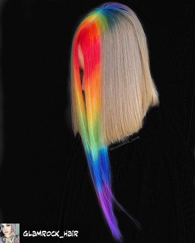 Blunt Blond with Rainbow Roots and Ultra-Long Bangs