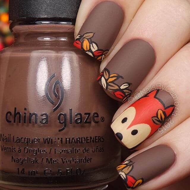 Get Ready for Fall Chocolate Nail Squirrel with Autumn Leaves Cute Nails Nail Art