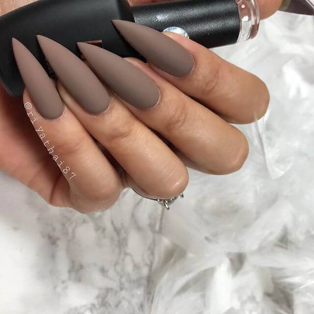 Muted Tones with Statement Matte Stiletto Nails, Matte Brown Nails