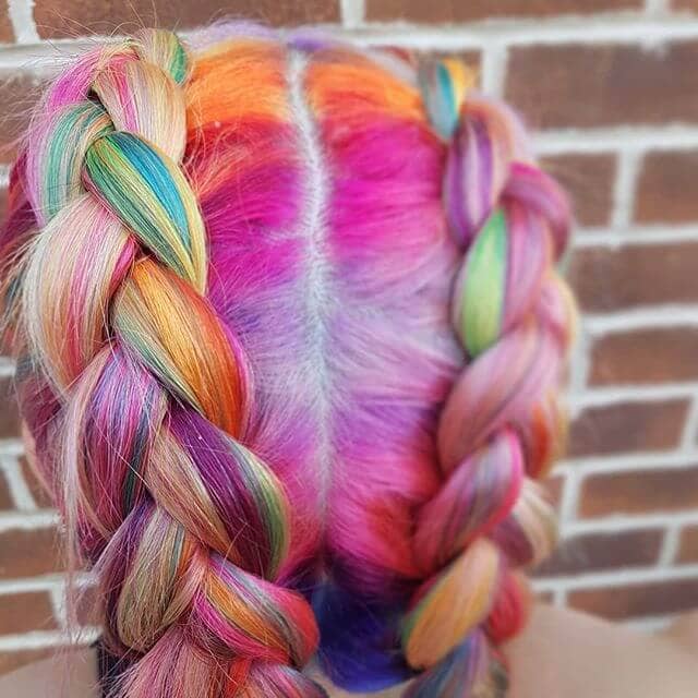 Adorable Dutch Braids for Chunky Neon Rainbow Streaks