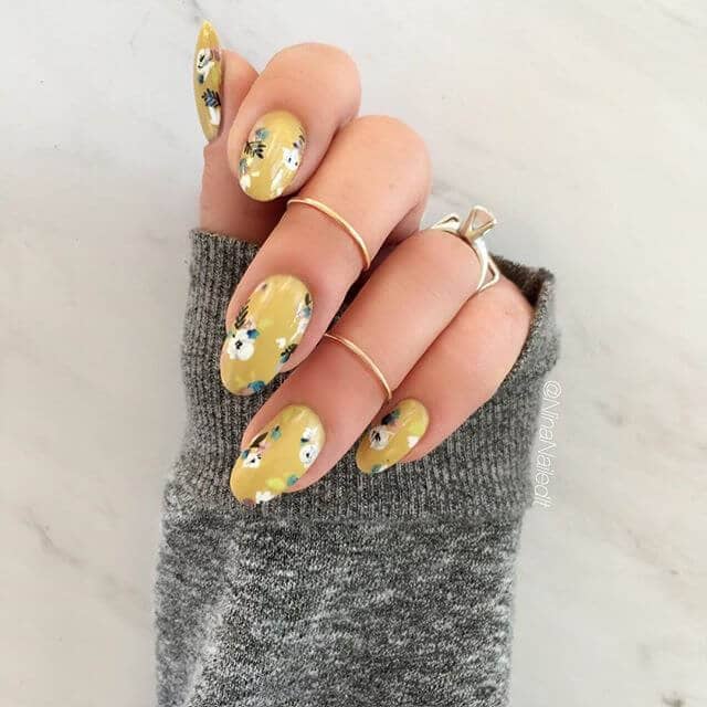  Lovely Yellow Asian Themed Nails with Flowers Nail Art