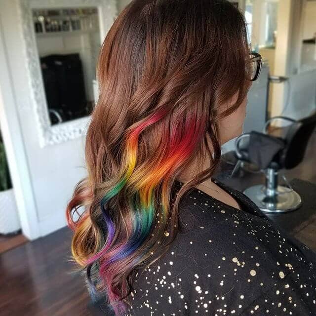 Rich Mahogany V-Cut Curls with Rainbow Highlight Burst