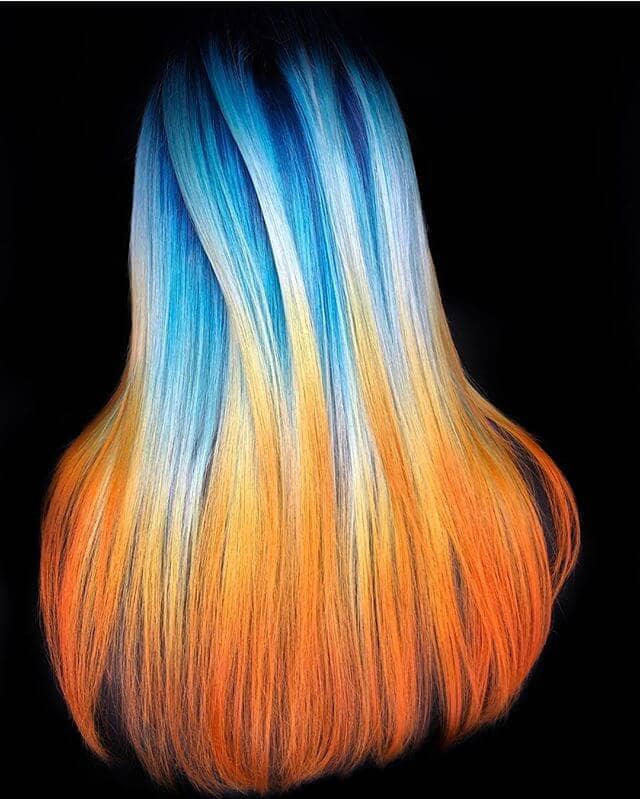 Sky Blue Fade to Sunset Orange Ombre in Long Layers