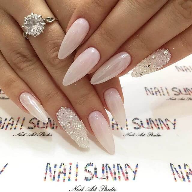  Baby Pink Almond Nails with Silver Diamonds