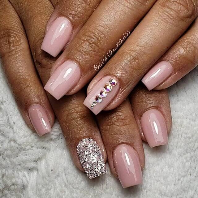 Blush Pink Square Nails with Silver Glitter