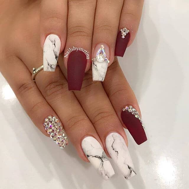 Marbled Ballerina Nails with Red Diamonds