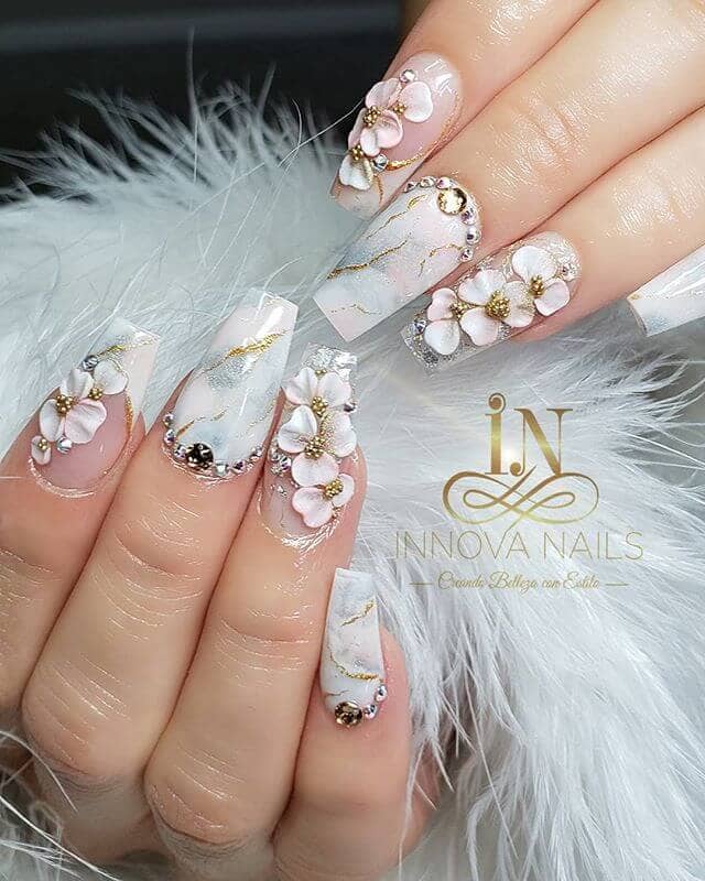  Sparkly Silver Floral Marble Nail Manicure