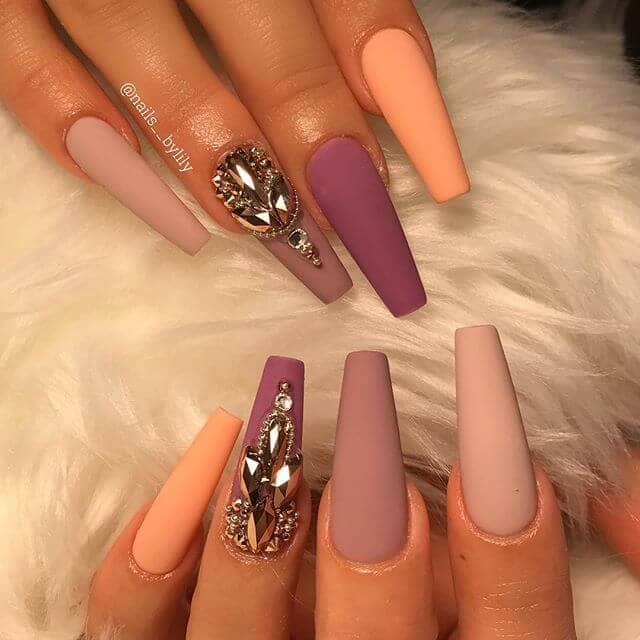  Matte Nude Nails with Purple Diamonds