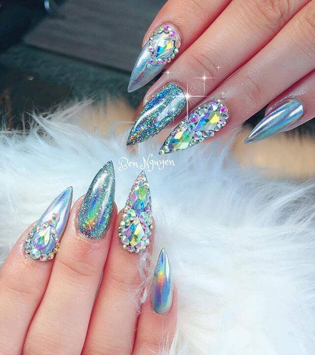 Dazzling Aquamarine Holo Nails with Diamond Studs