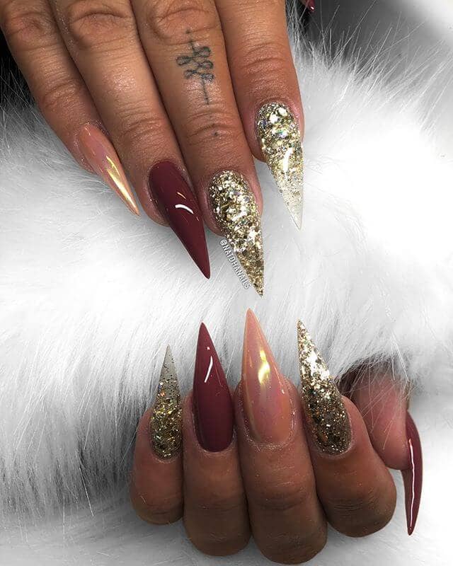  Feeling Fancy in Burgundy Nail Designs and Gold Claws