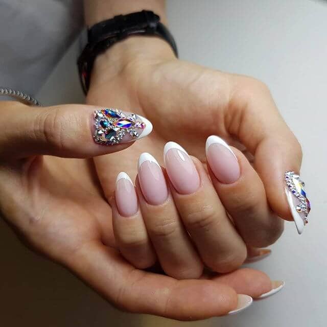 French Tipped Almond Nails with Diamond Thumbs