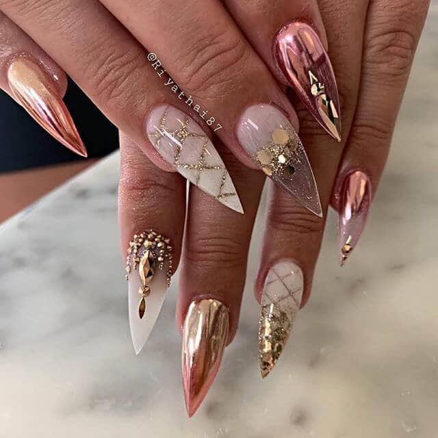 Metallic Pink Nails with Gold and Diamonds