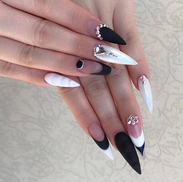 Black and White Nails with Pearls and Diamonds