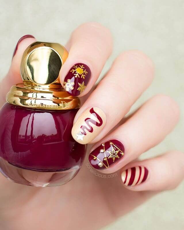 Holiday Gold and Burgundy Nails