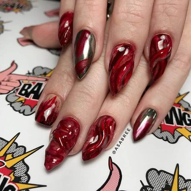 Burgundy Unicorn Glossy Burgundy Nails and Gold Chrome