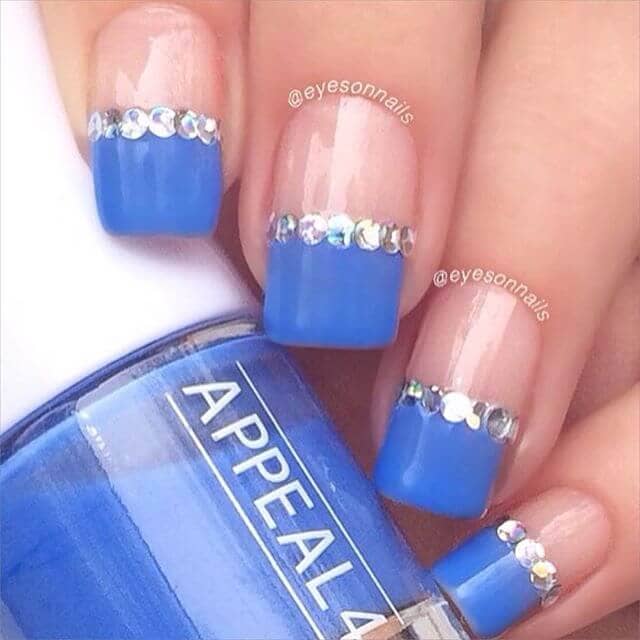 Blue Tipped Square Nails with Diamonds Borders