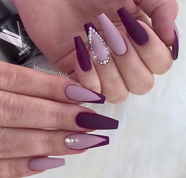 Super Girly Matte Burgundy Nails with Rhinestones