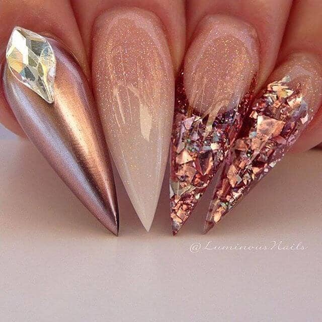 Glittered Ombre and Silver Jewel Encrusted Nails