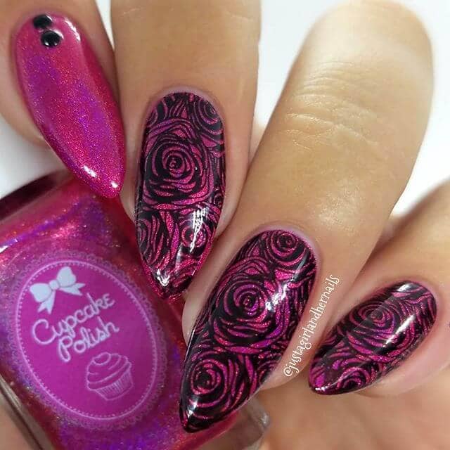 HD Floral Burgundy Nail Art on Glittery Pink Polish