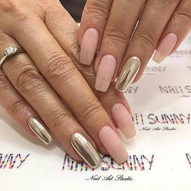 Nude Nails with Edgy, On Trend, Chic Mirrored Rose Gold Nails