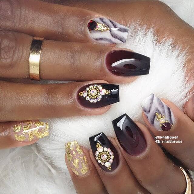 Burgundy Nails with Precious Jewels and Marvelous Marble