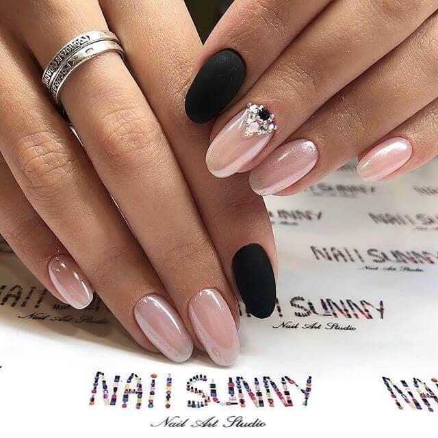 Metallic Pink and Matte Black Rounded Nails