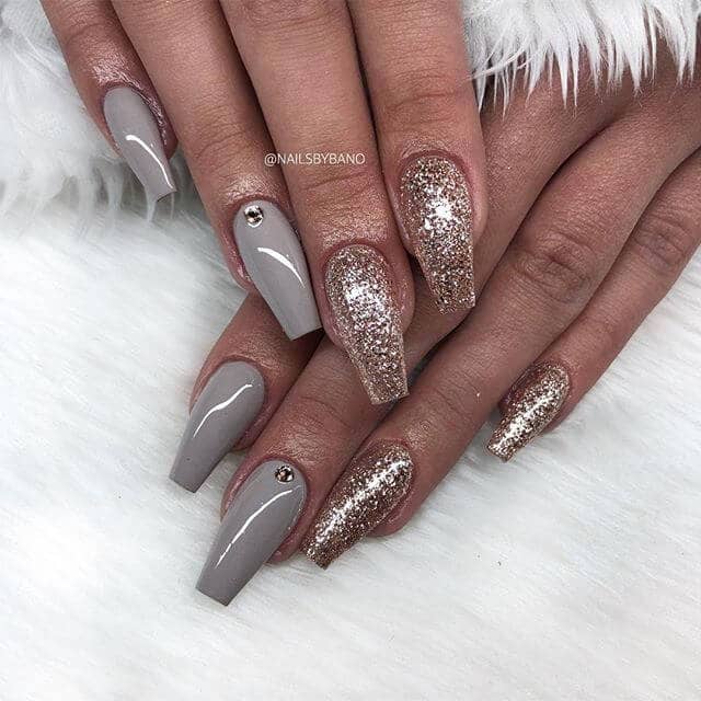  Grey and Glittered Ballerina Nails with Diamonds