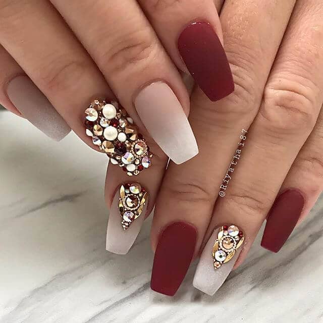 Dazzling Snow Queen Matte Burgundy Nails